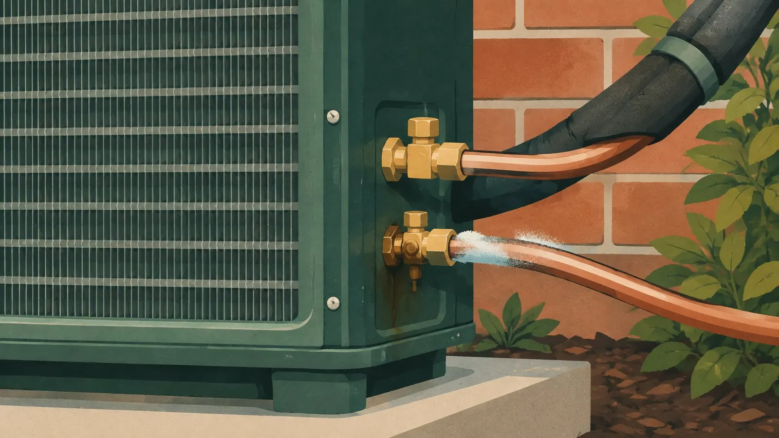 Illustration of an outdoor coil with an oily stain and frost on the copper line near the service valves