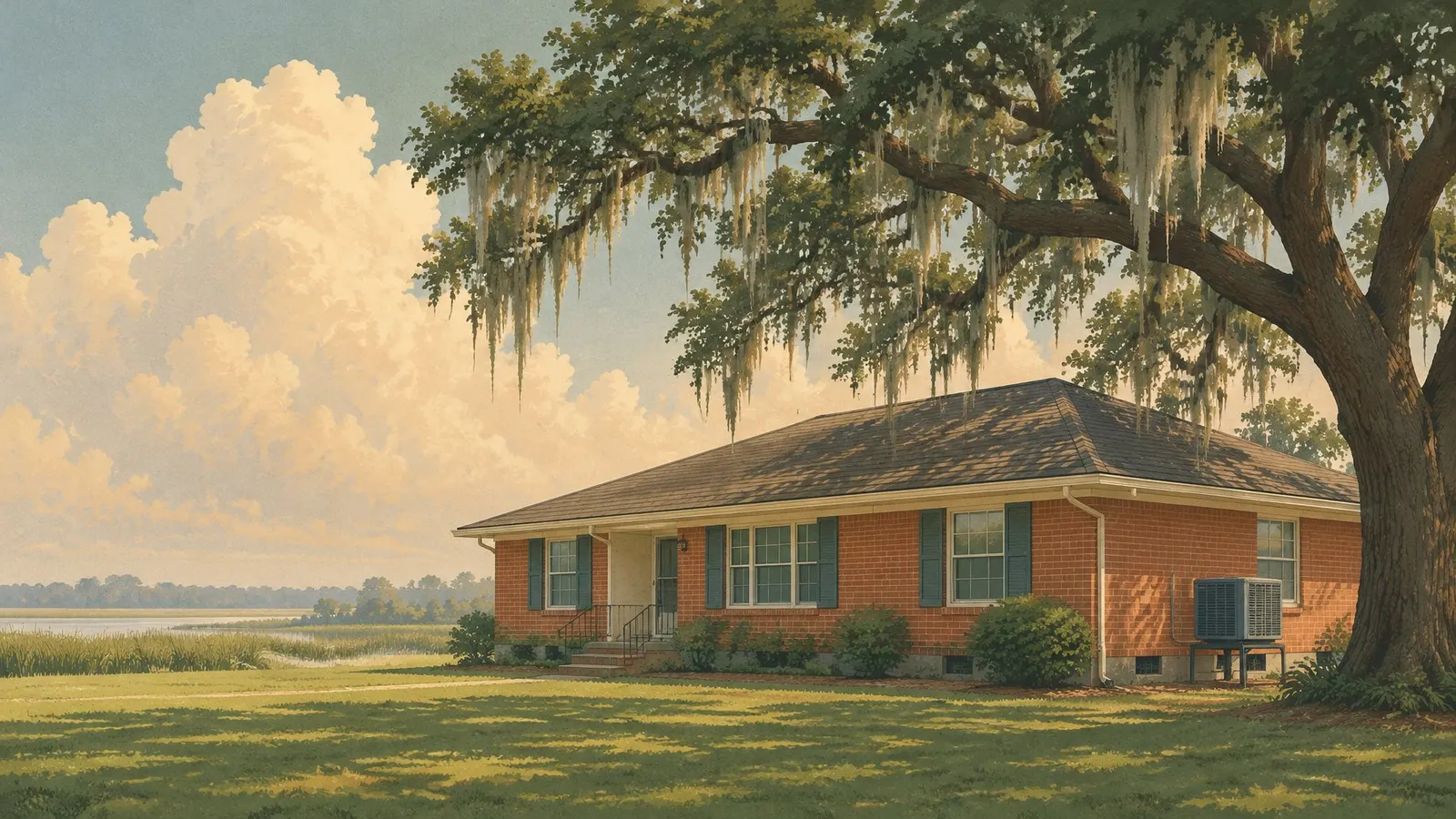Illustration of a red-brick ranch home under a live oak with Spanish moss, its outdoor AC unit on a stand beside it