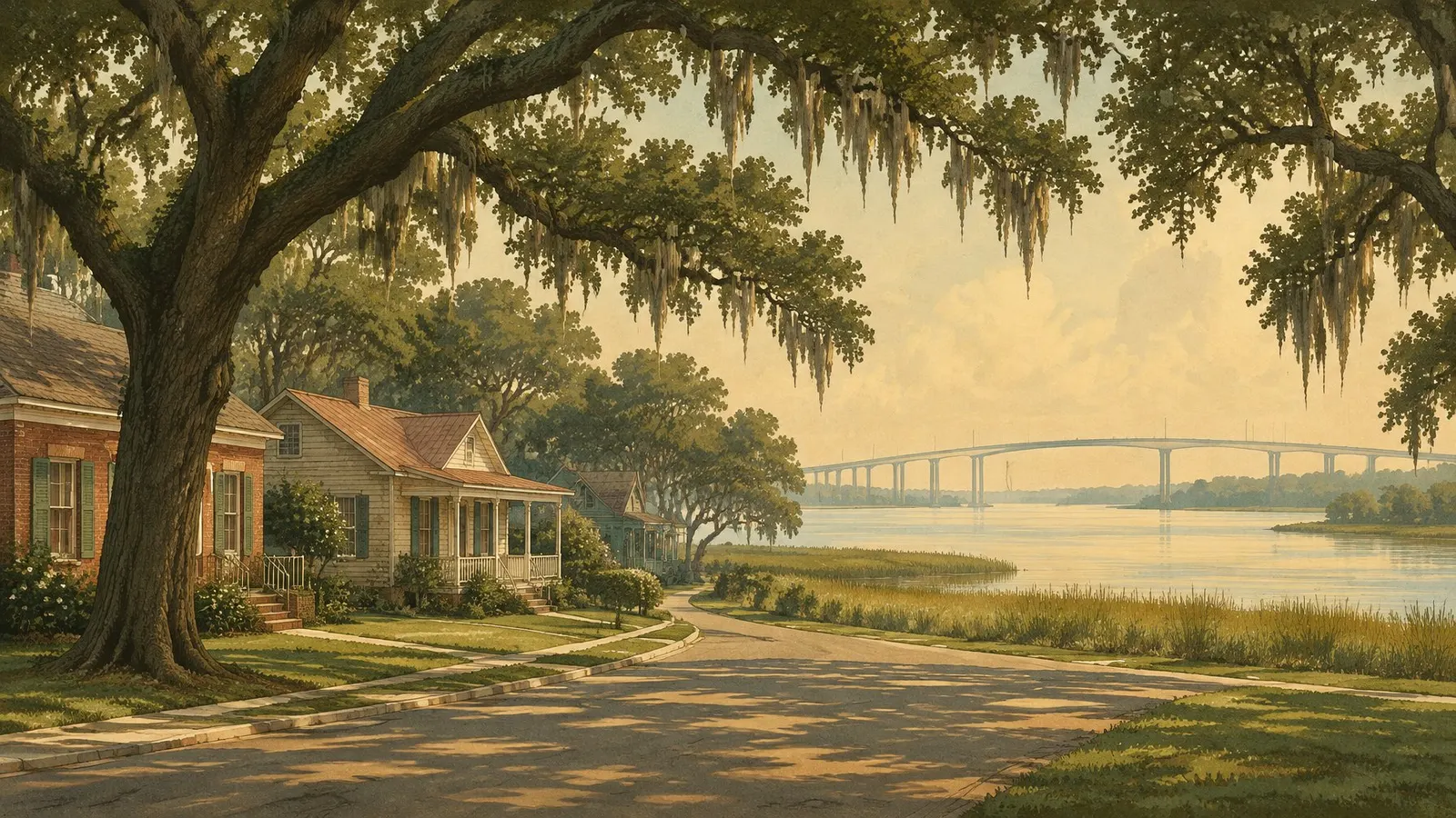 Illustration of homes under live oaks near a wide river, with a tall bridge in the distance