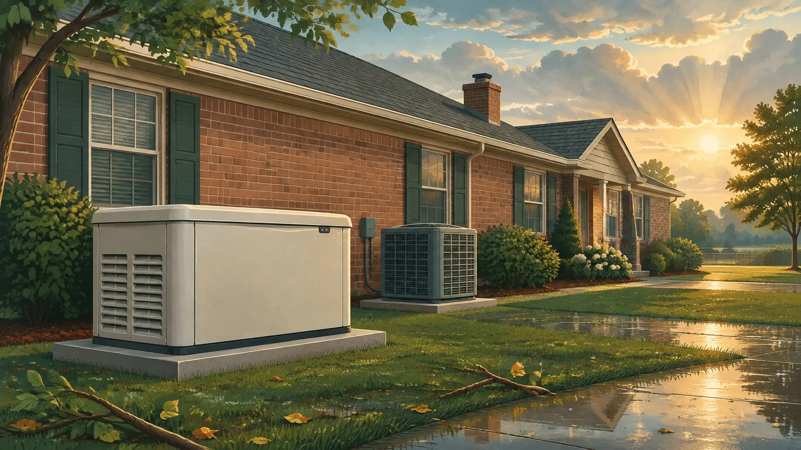 Illustration of a standby generator and an outdoor AC beside a brick home after a storm, with branches on the wet lawn