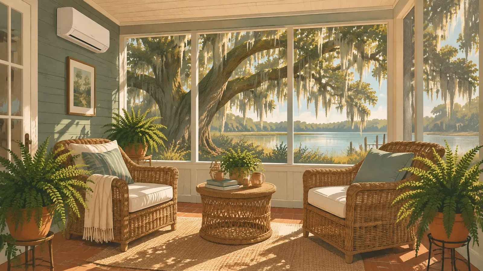 Illustration of a sunroom with a ductless mini-split unit high on the wall and a live oak outside